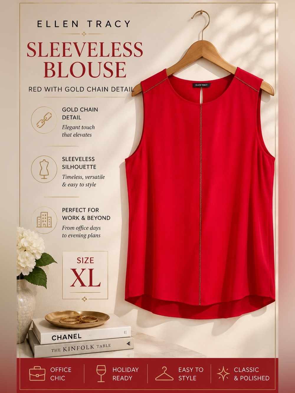 Ellen Tracy Sleeveless Blouse Red Size XL Good